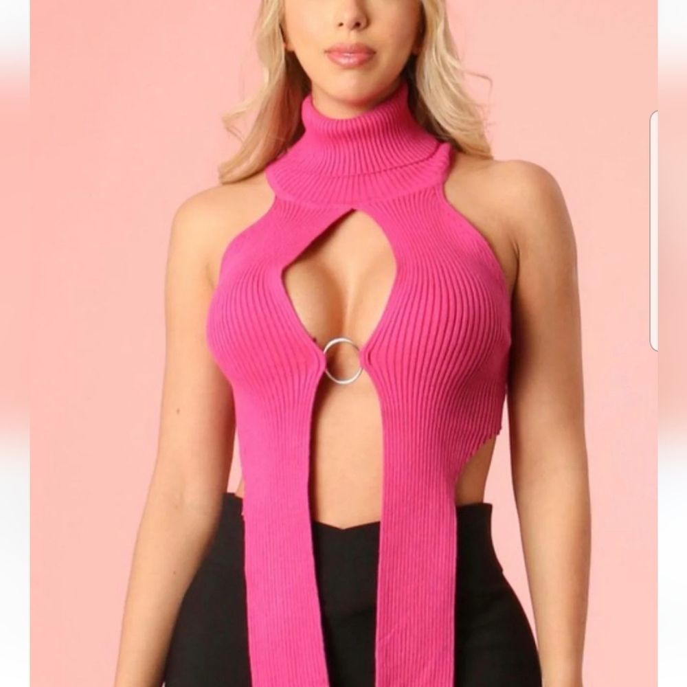 Daisy Slit Halter Turtleneck Sweater Top NWT Ribbed, Sexy, Open Front, Black, Pi